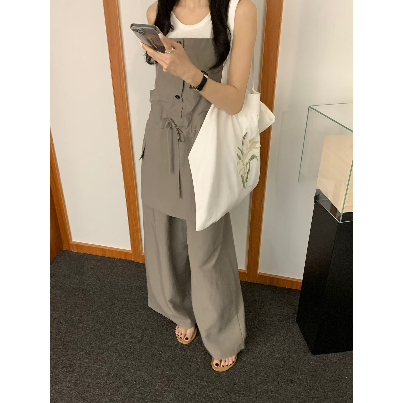 夏上新韩标韩系工装抽绳假两件背心+休闲裤两件套套装(含13亚麻