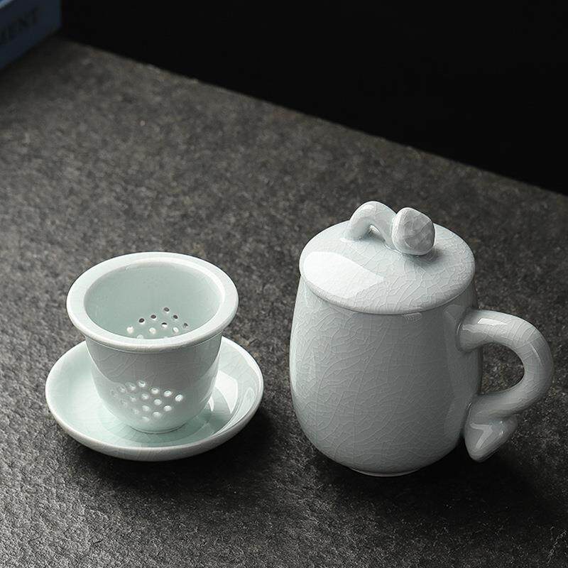汝窑办公杯茶水分离泡茶杯陶瓷中式如意茶杯过滤大容量老板杯