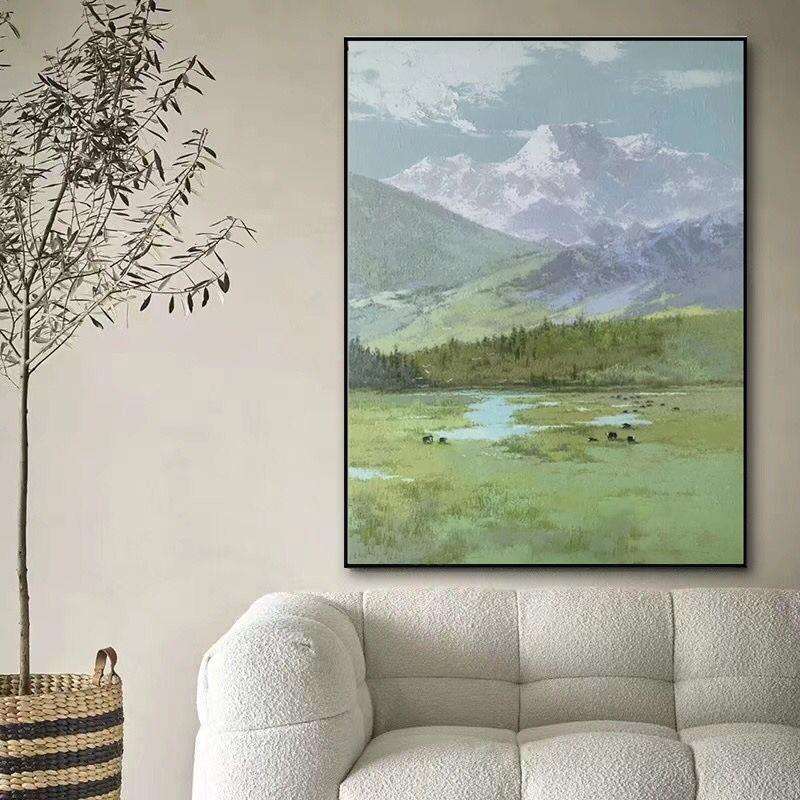 纯手绘油画高档入户正对门玄关客厅手工绘制风景雪山草地挂画