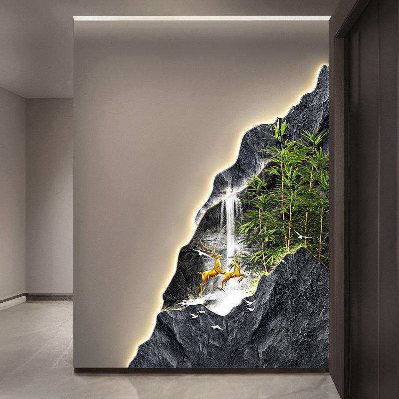 流水生财玄关转角装饰画聚宝盆走廊拐角墙面挂画竹子入户带灯壁画