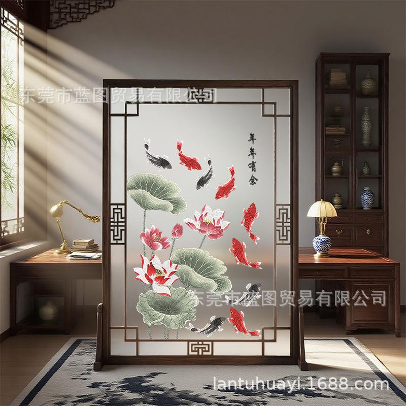 半透明纱布画实木框茶室书房入户隔断折叠座连年有余双面刺绣屏风