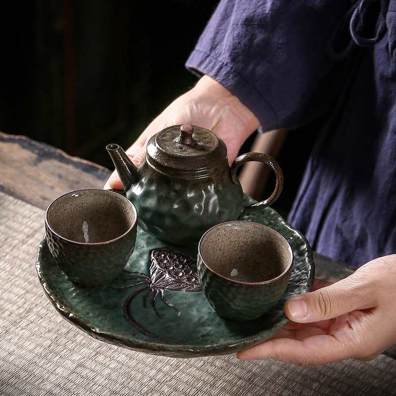 日式鎏金铁釉莲蓬壶承 小号陶瓷干泡盘茶盘手工复古壶承壶托茶承