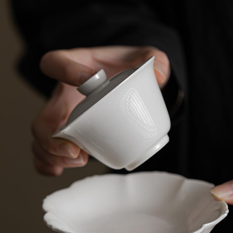 弥言手工陶瓷二才盖碗杏白釉泡茶碗茶杯敬茶碗带盖泡茶器茶具日式