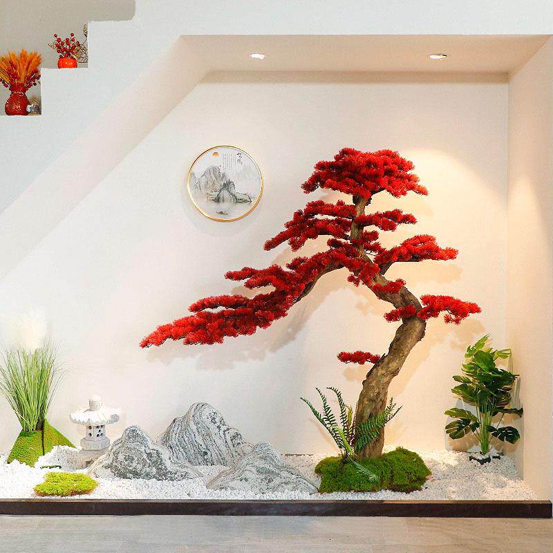 仿真树迎客松红色美人松新中式酒店橱窗楼梯室内绿植摆件景观造景