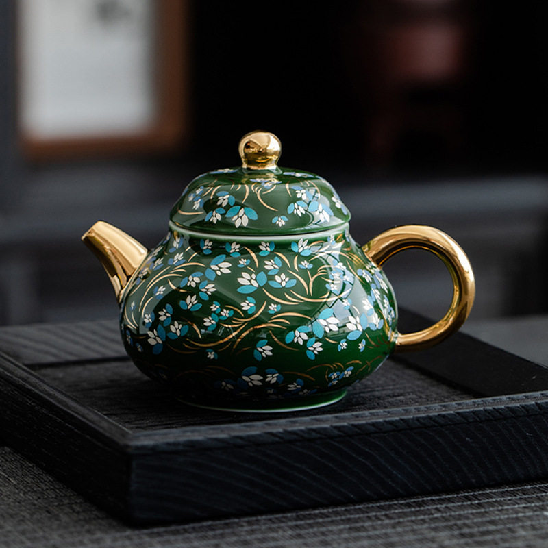 描金鎏银茶壶陶瓷家用小号单泡茶壶功夫茶具高档轻奢西施壶泡茶器