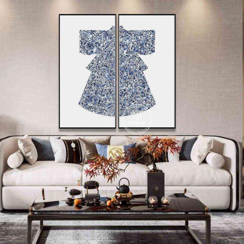 新中式青花瓷装饰画大厅墙壁蓝色画餐厅玄关挂画中国风瓷片服饰画