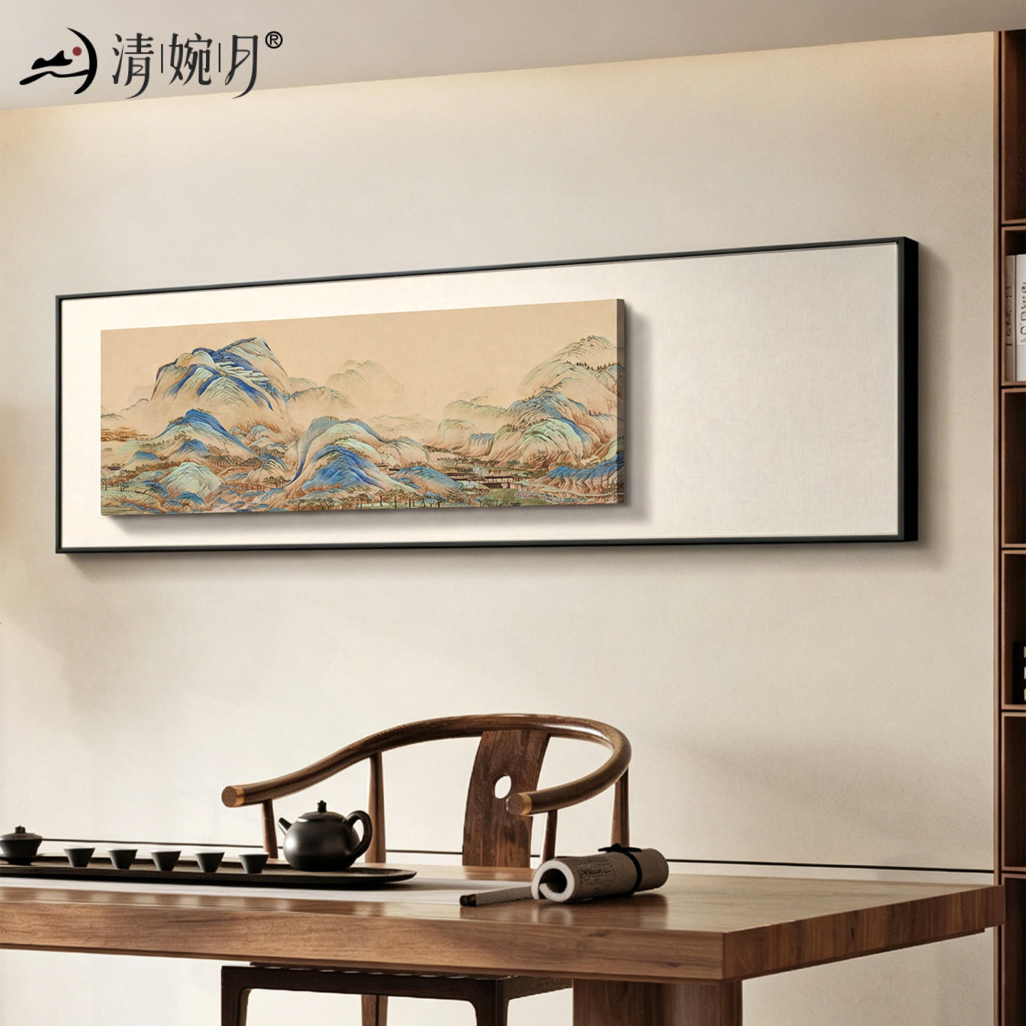 千里江山图新中式茶室背景墙装饰画宋代美学禅意国风挂画横版大画
