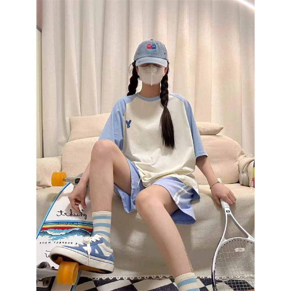 学院风两件套短裤学生韩版跑步服短袖宽松休闲夏季运动套装女棉女