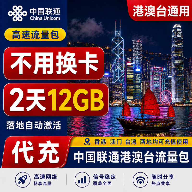 中国联通12GB2天包香港澳门台湾4G国际漫游境外流量包充值不限量图片