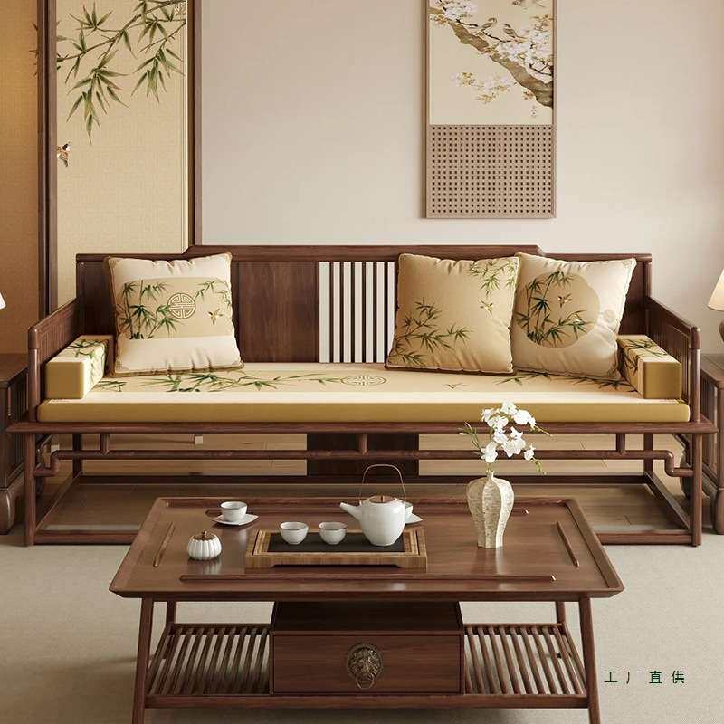 新中式北美黑胡桃木实木罗汉床禅意现代简约样板房罗汉榻沙发躺椅