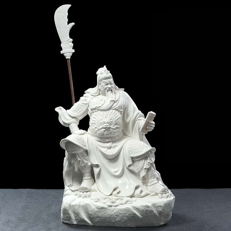 德化白瓷文关公关二爷像坐式关帝摆件陶瓷武财神关羽神像供奉家用