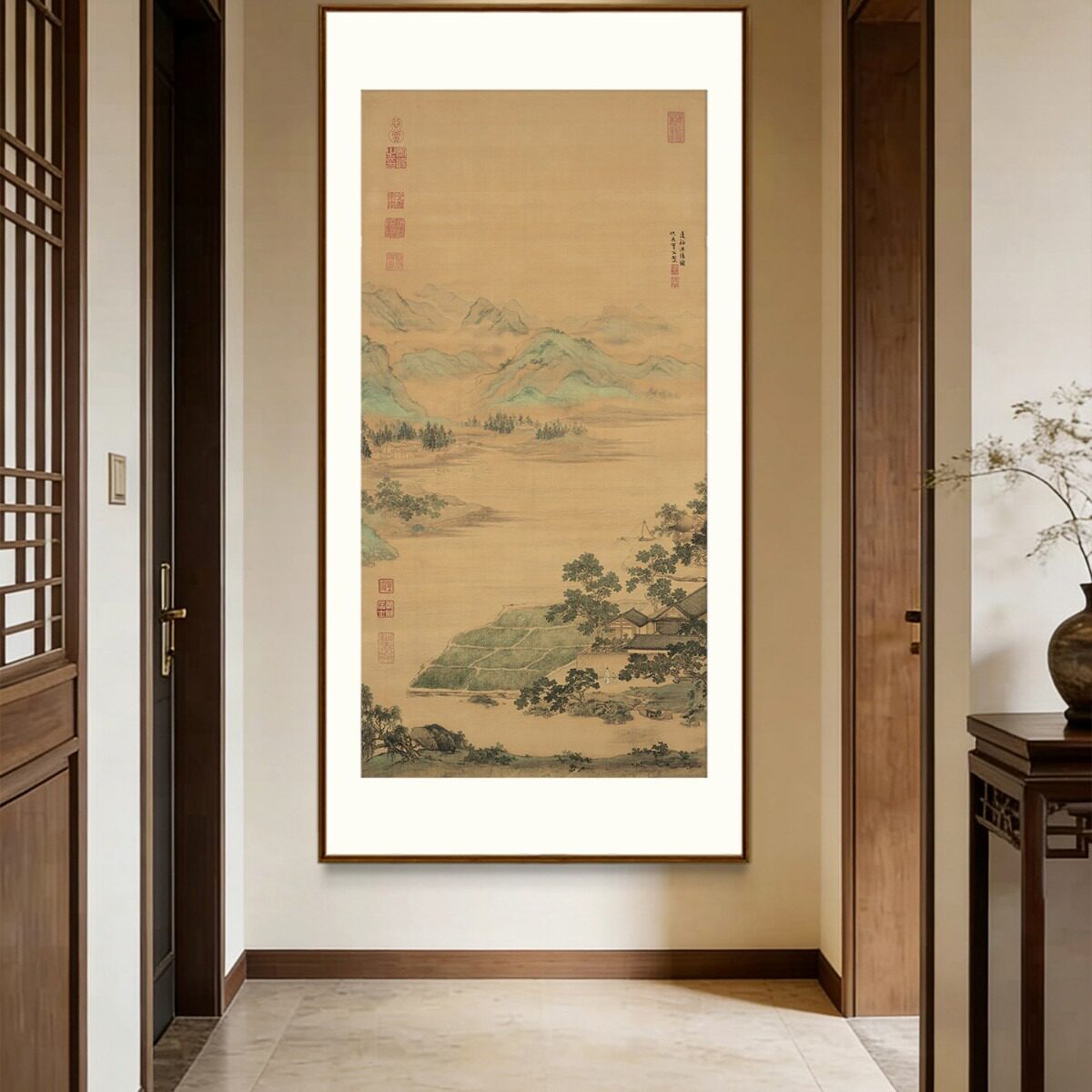 新中式仿古青绿山水国画竖版玄关高级装饰画客厅茶室禅意实木挂画