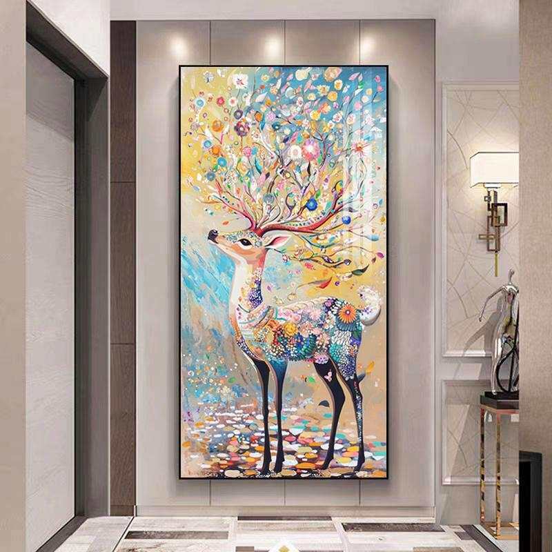 玄关装饰画梅花鹿正对门美式竖版艺术挂画走廊过道一路平安壁画
