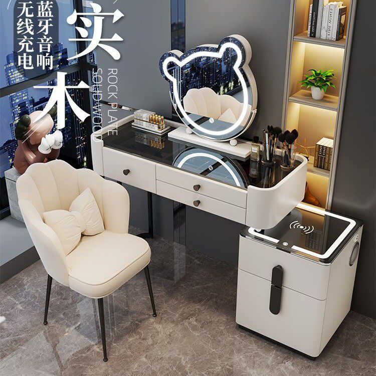 网红奶油风现代简约钢琴烤漆梳妆台小户型卧室储物柜实木化妆桌