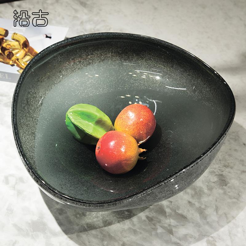 晶淳 灰色斑点个性创意不规则三角玻璃果盘 别墅客厅茶几软装饰品
