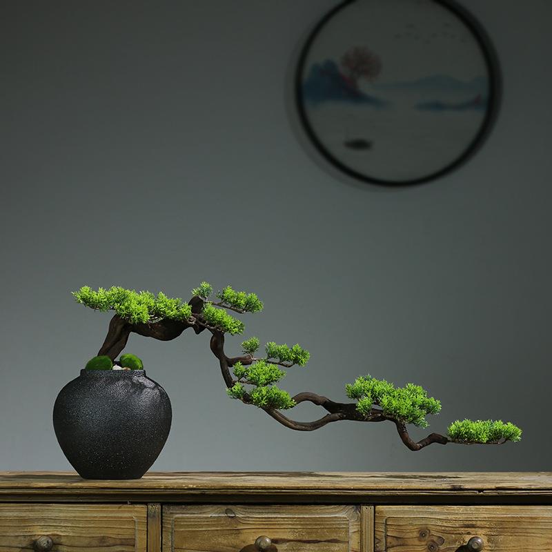 新中式仿真绿植迎客松盆景酒店茶室桌面玄关居家装饰品微景观摆件