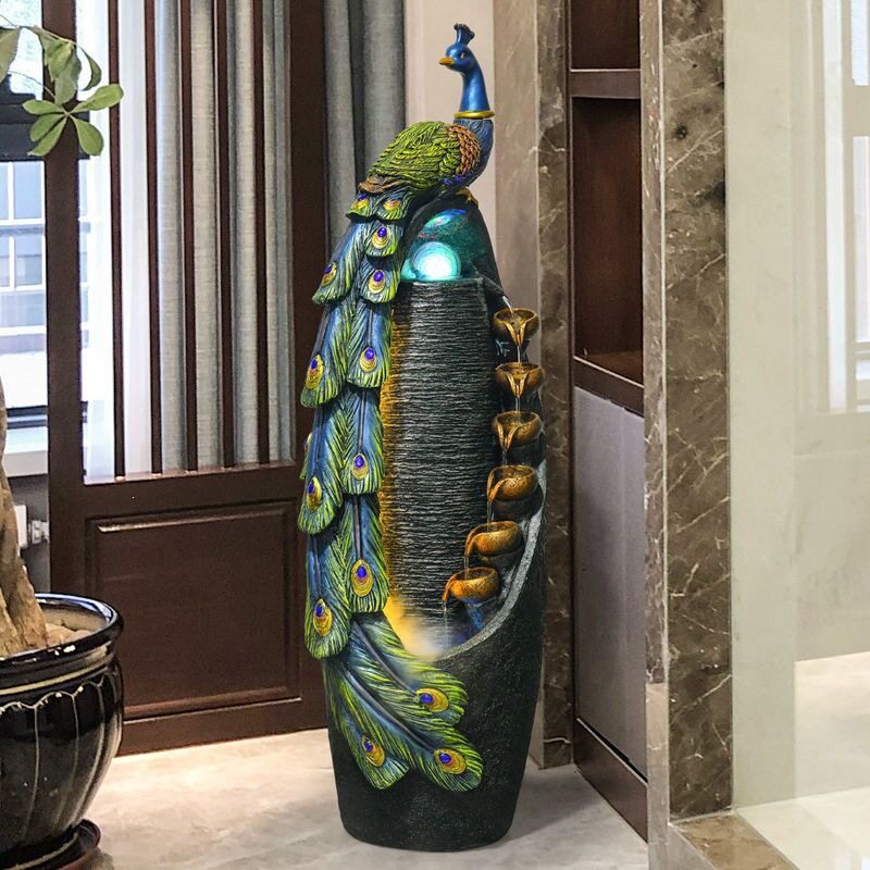 中式流水喷泉摆件孔雀客厅风水轮阳台室内开业送礼景观落地加湿器