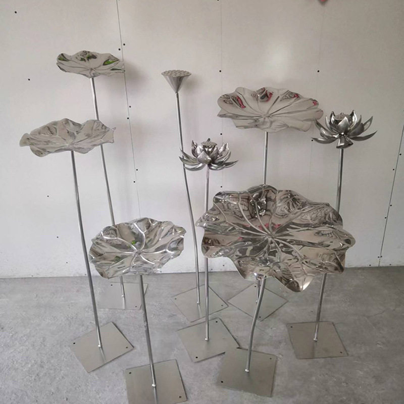 摆件酒店落地不锈钢水景荷花雕塑金属装饰品软装荷叶工艺品庭院