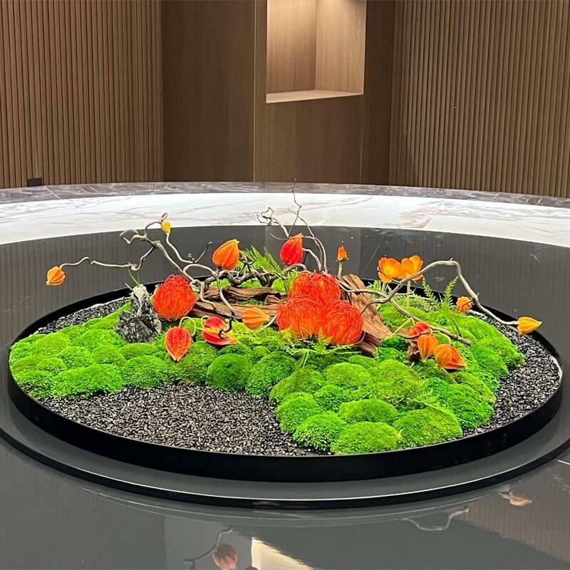 酒店餐厅转盘摆件大圆桌中间装饰花中式桌景摆设餐厅桌面沙盘景观