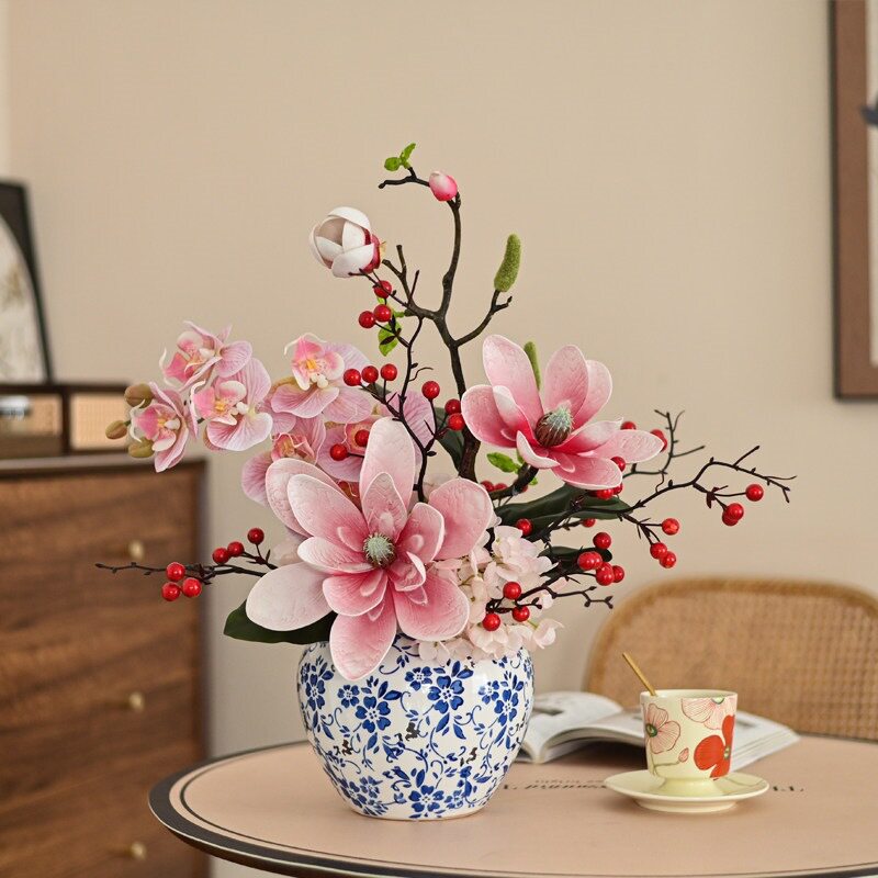 新中式仿真花玉兰花艺禅意花瓶套装餐桌茶几摆件家居装饰盆景格调