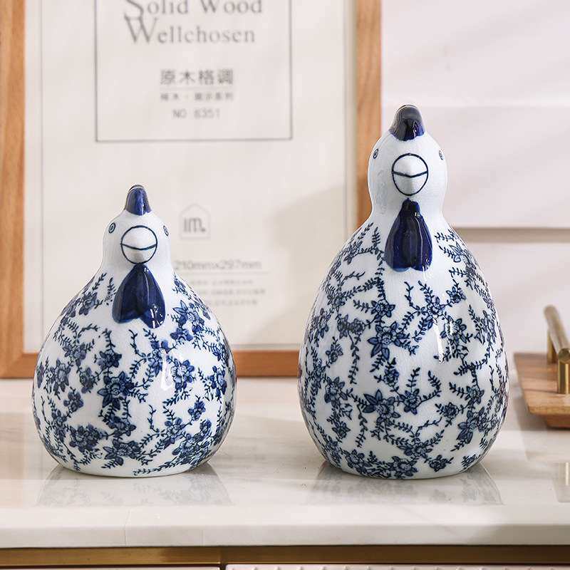 新品青花瓷陶瓷对鸡摆件客厅饰品陶瓷摆件吉祥鸡中式风可爱对鸡
