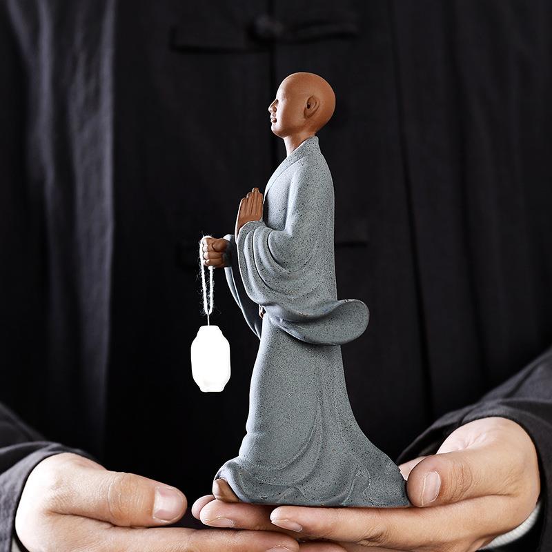 紫砂禅意佛系小和尚摆件创意陶瓷人物家居客厅茶室茶宠桌面装饰品