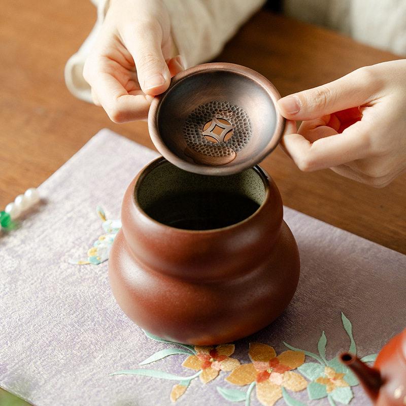 紫砂福禄建水红色家用中式茶洗茶渣桶复古轻奢公桌摆件茶道配件