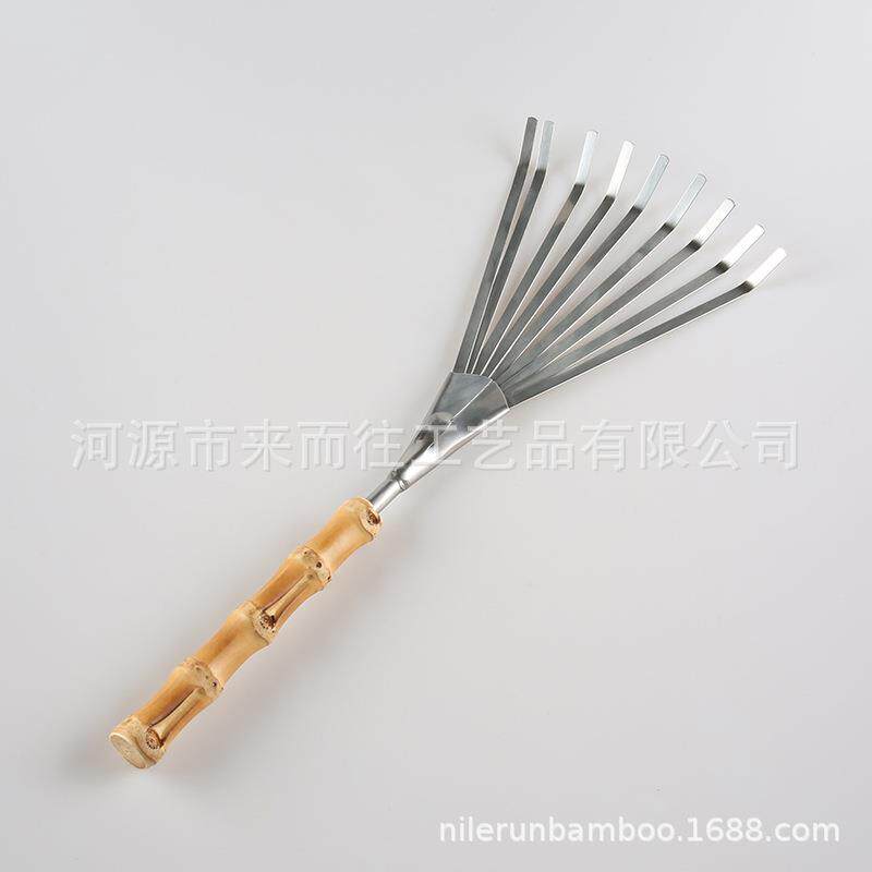 园林艺工具不锈钢竹节根木柄盆栽种植花土搂草落叶九齿小耙子