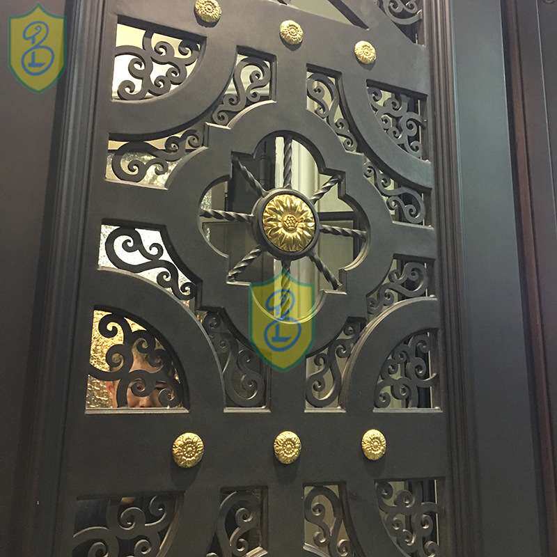 纯手工铁艺进户门复古金属欧式做旧双开门古典大门防盗门佛山厂家