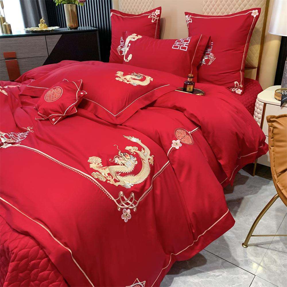 陪嫁龙凤刺绣婚房四件套结婚长绒棉新婚大红多件套床品