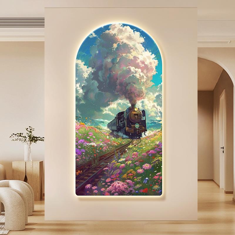 开往春天的火车玄关装饰画北欧风景走廊过道挂画拱形入户带灯壁画