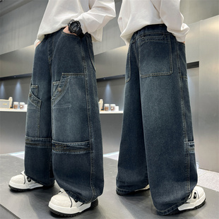 男童牛仔裤高腰春秋拼接裤子2026新款帅气韩版长裤中大童宽松春装