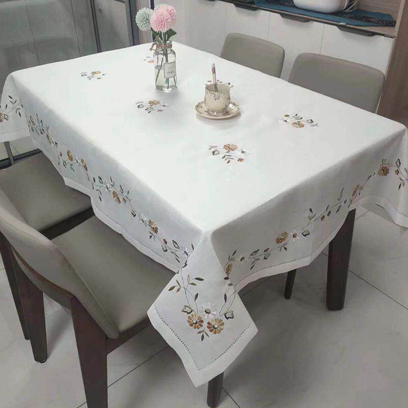 原单出口手工抽丝绣花大型长方餐桌布大型白色绣花大餐桌布