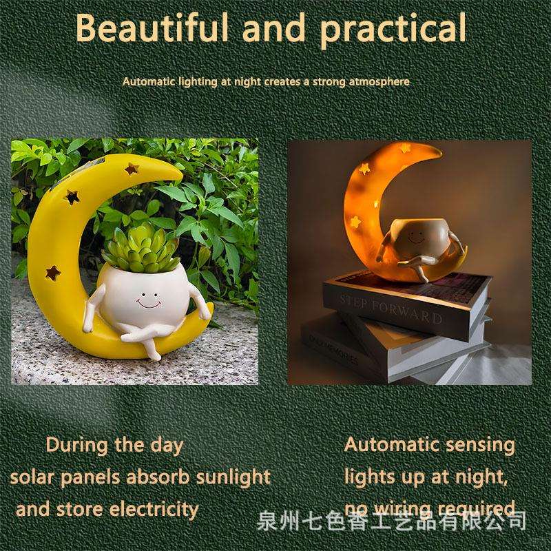 太阳能灯壁挂悬挂月亮花盆花园树脂工艺品摆件跨境热卖别墅庭院灯