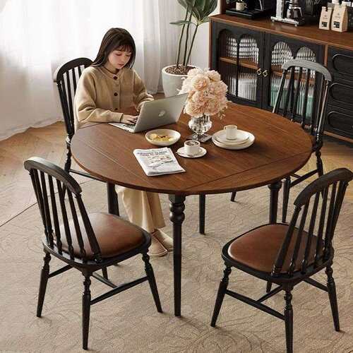 法式实木餐桌客厅家用小户型可折叠方圆两用餐桌椅组合吃饭桌子
