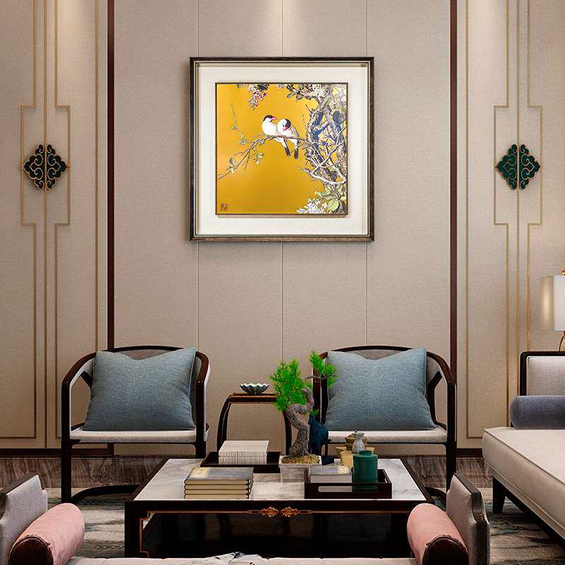 客厅装饰画书房宫廷画茶室玄关挂画郎世宁仙萼长春图铜板画
