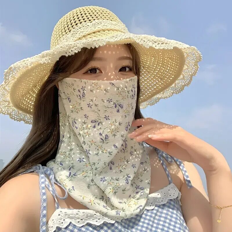 新款小碎花夏季防晒面罩全脸防紫外线女薄款遮脸面纱口罩护颈脖子