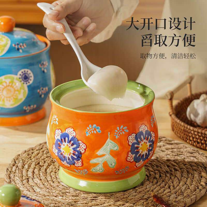 松发瓷器手绘釉下彩陶瓷调味罐家用油泼辣子罐带盖勺耐高温猪油罐