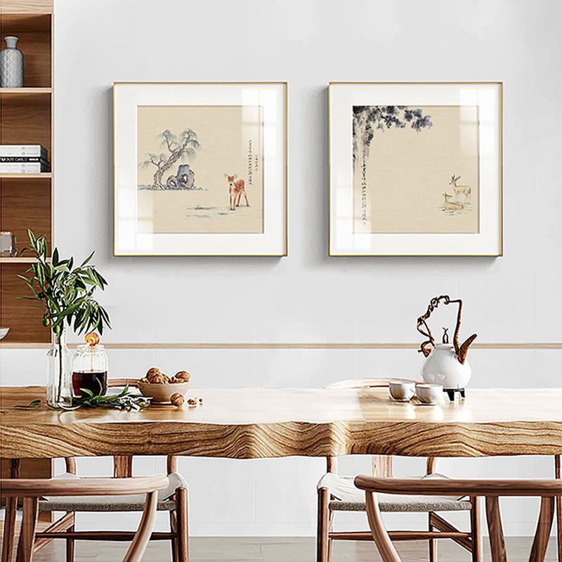 鹿鸣 新中式客厅装饰画正方形三联动物水果风景挂画餐厅过道壁画