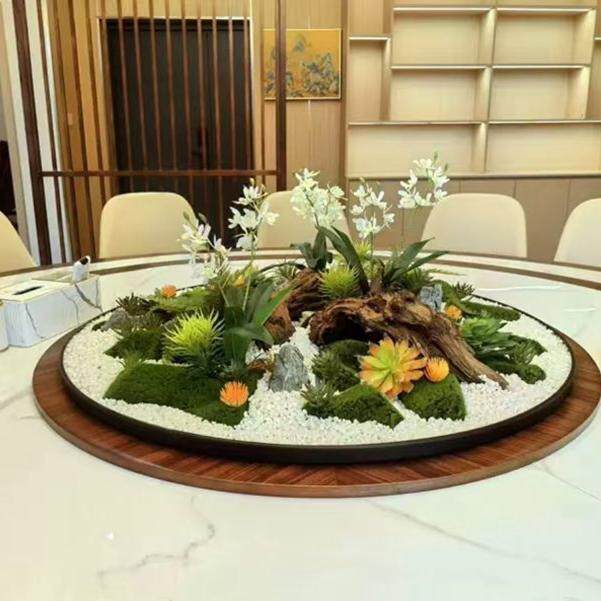 金缀酒店餐厅大圆桌餐桌花中间旋转轻奢新中式装饰微景观花盘摆件