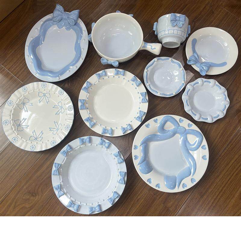 工厂 新款浮雕手绘蝴蝶结盘餐具汤盘沙拉盘点心盘斗笠米饭碗