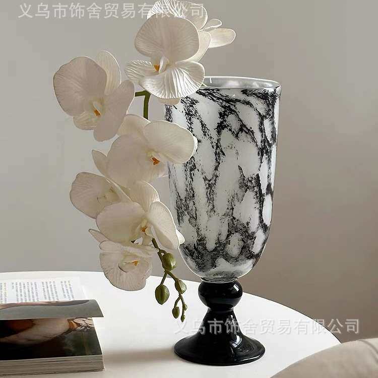中古风黑白纹欧式复古花瓶桌面摆件装饰大口径风灯花瓶鲜花干花