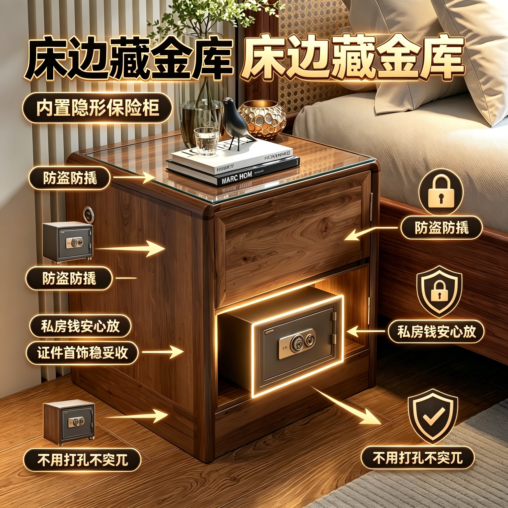 隐形实木新中式防撬防盗保险柜
