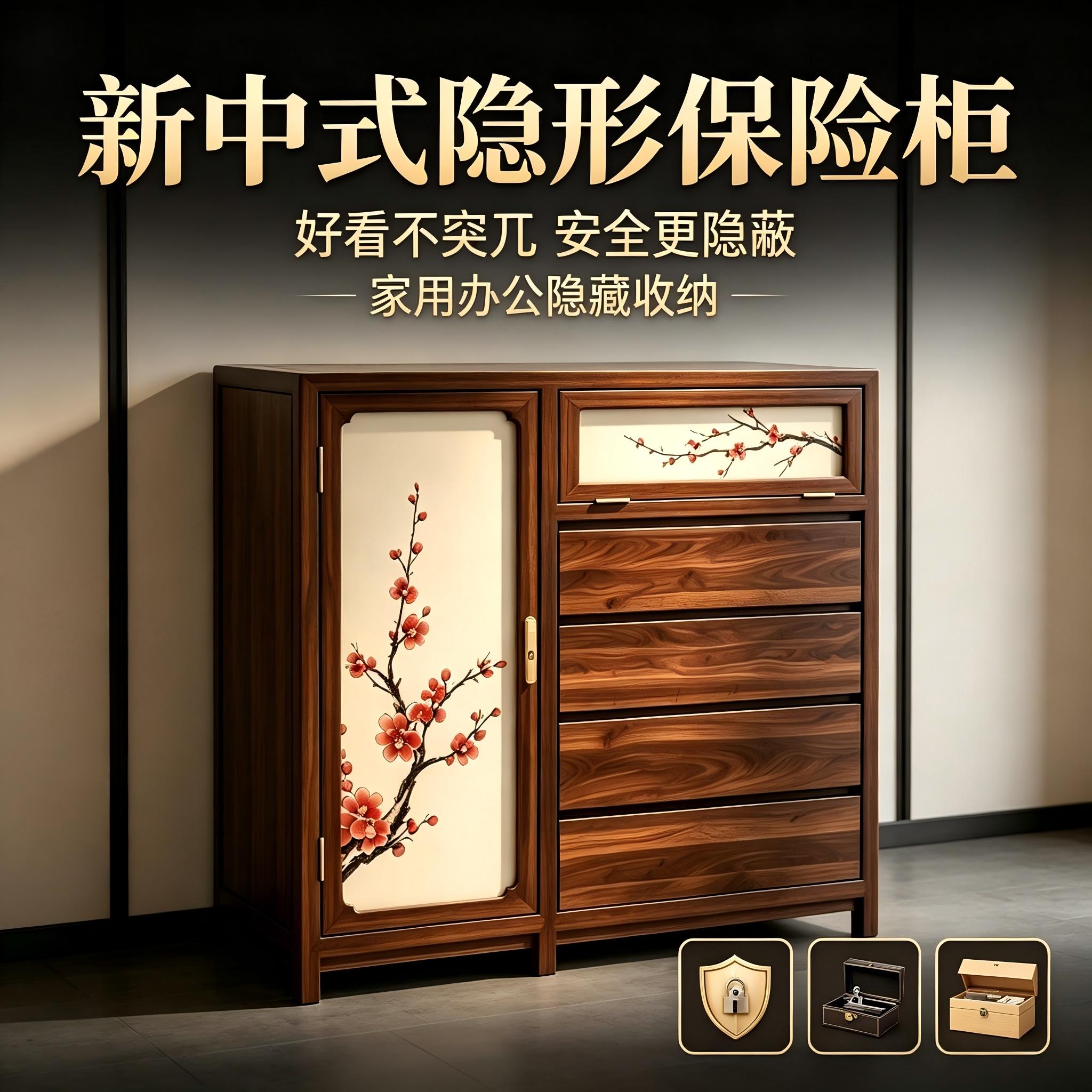 新中式实木隐形保险柜家用玄关斗柜指纹密码锁防盗卧室隐蔽保险箱