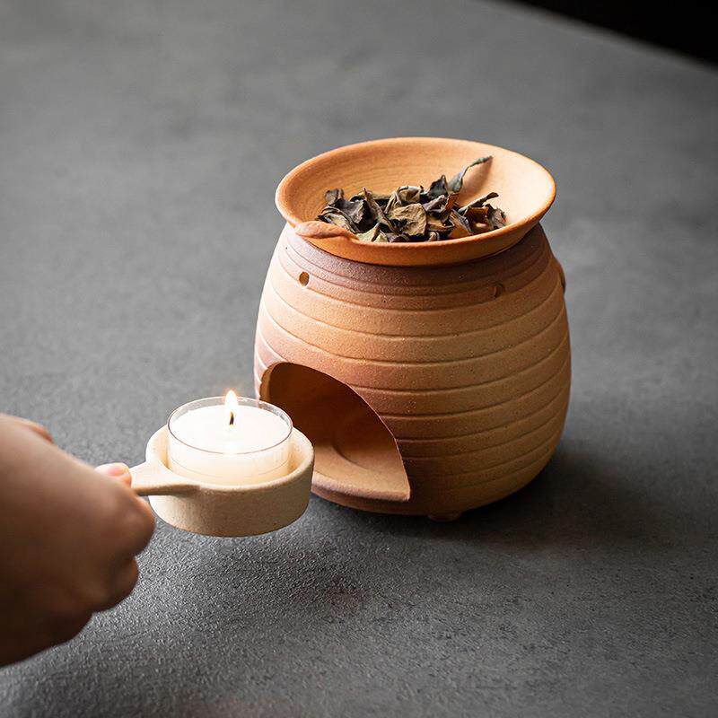 日式粗陶小猫烤茶炉 陶瓷焙茶炉醒茶器提香暖茶台蜡烛加热底座