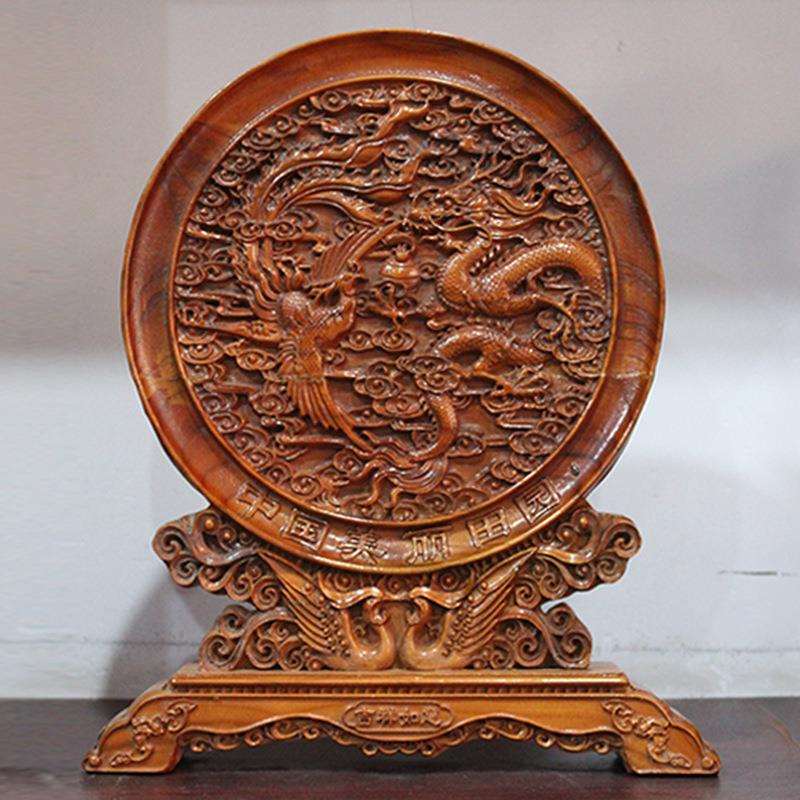 桃木看盘台屏摆件花开富贵龙凤呈祥松鹤延年圆盘家居装饰工艺品