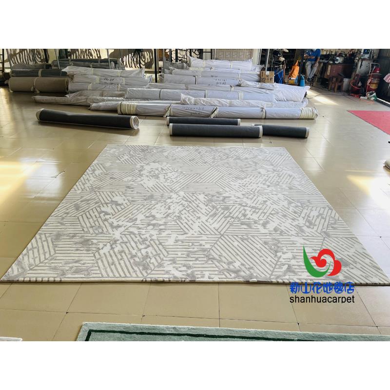 现代简约水墨画格子中式手工腈纶客厅茶几地毯大厅接待室贵宾室
