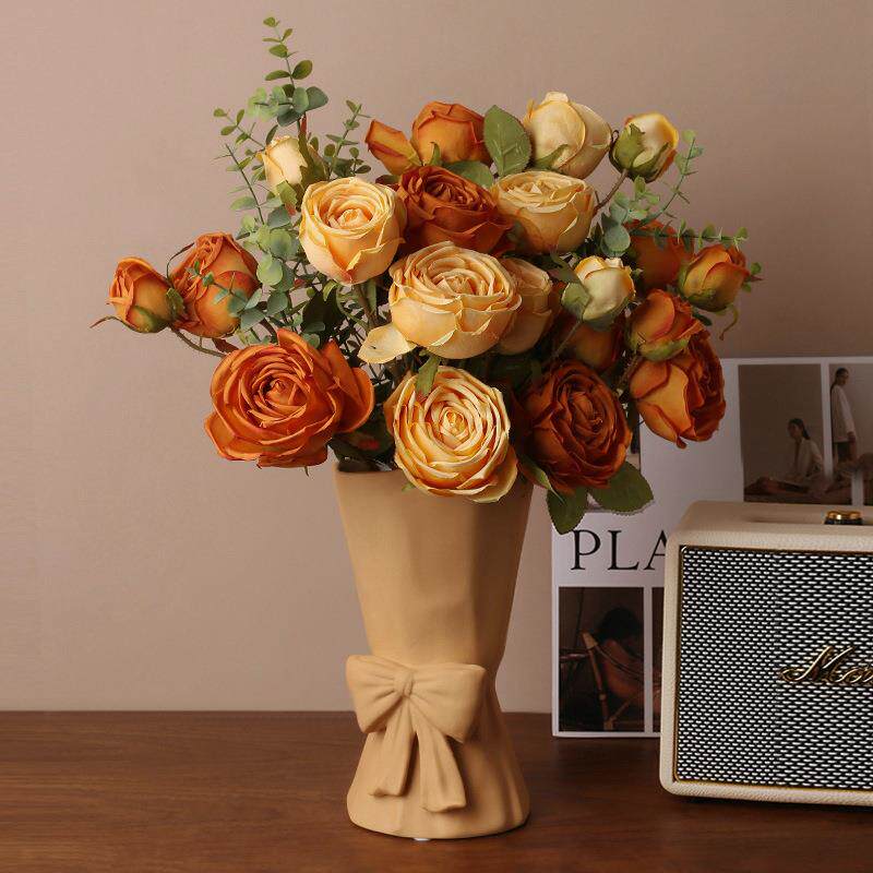 高档玫瑰花绢花假花仿真花摆设客厅室内装饰花卉套装摆件拍摄道具