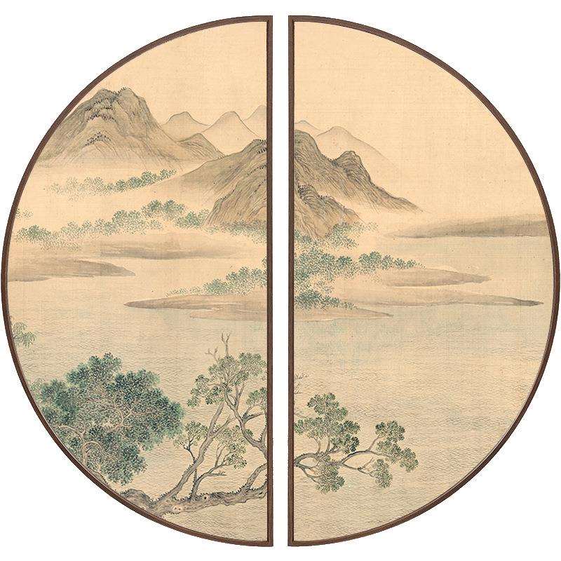 山栖谷隐新中式餐厅装饰画山水画禅意玄关挂画双半圆形工笔画壁画