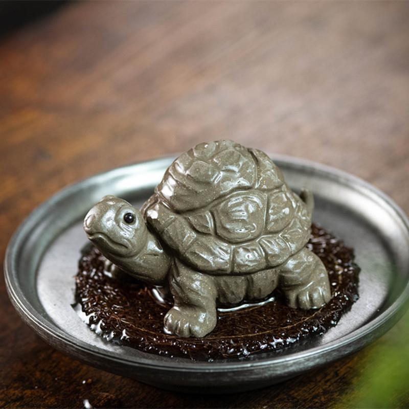 宜兴紫砂茶宠乌龟小摆件手工清灰泥石敢当龟雕塑茶具茶玩配件可养